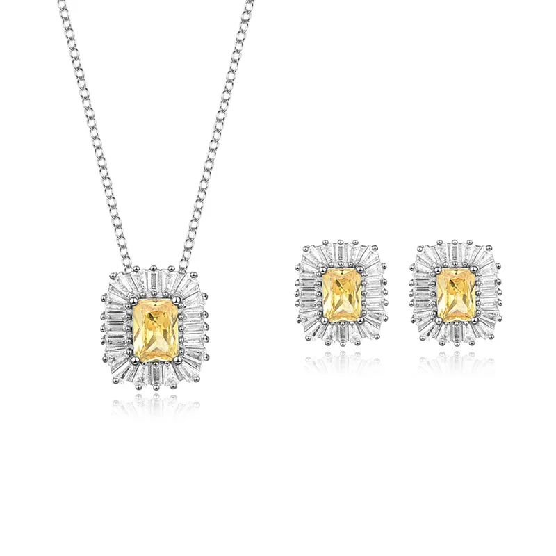 

Party Jewelry Set Luxury S925 Sterling Silver Yellow Gemstone Pendant Necklace for Women Stud Earrings Wedding Set Gift for Girl