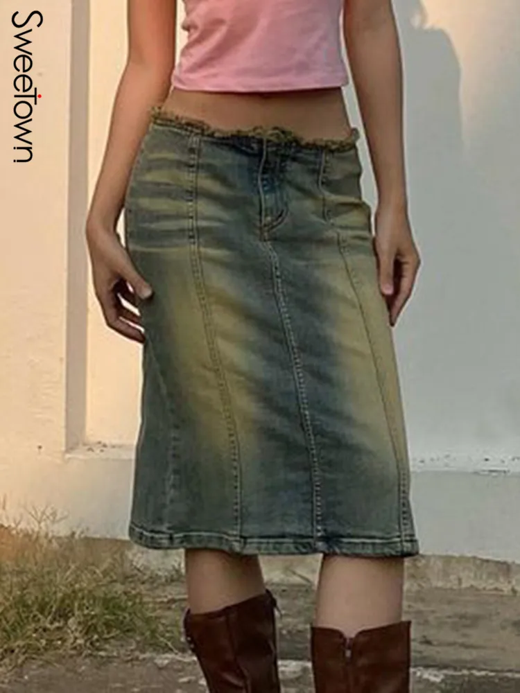 

Sweetown Washed Vintage Denim Midi Skirts Womens Fringed Low Waist Stitched Y2K Streetwear Hotsweet Short Summer Skirt