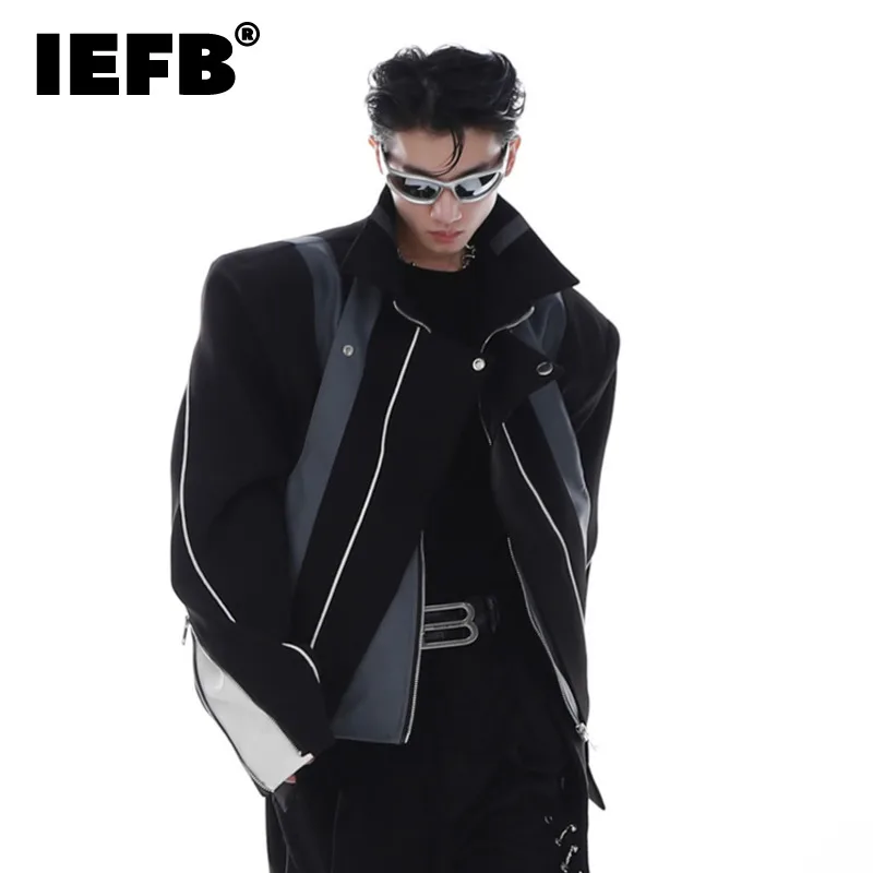 

IEFB Deconstruction Splicing Shoulder Pad Short Jacket Pu Leather Design 2023 Contrast Color Long Sleeve Male Coat 9A7293