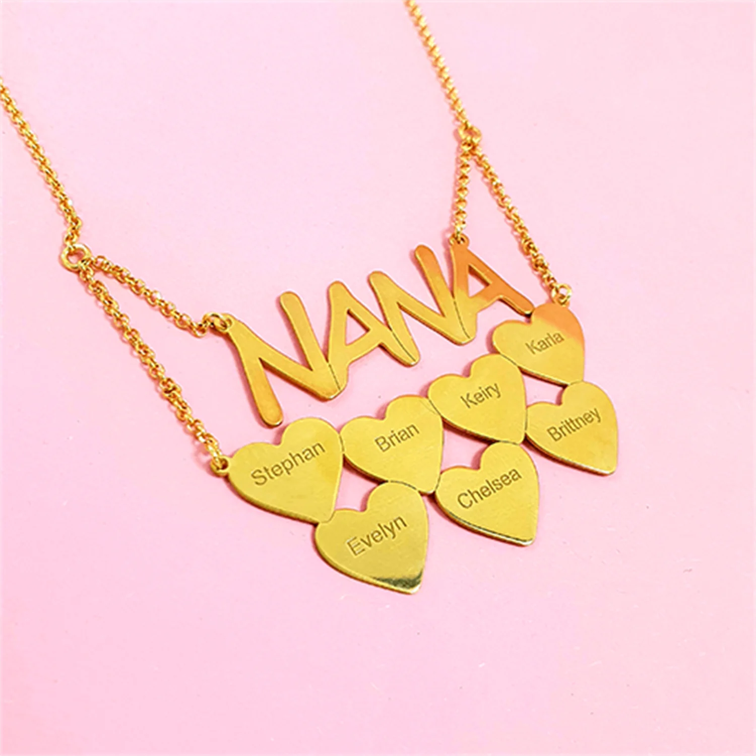 

Custom Nane Necklace With Hearts Personalized Grandma Engraved Names Necklace With Hearts Stainless Steel Jewelry GIft For Mom