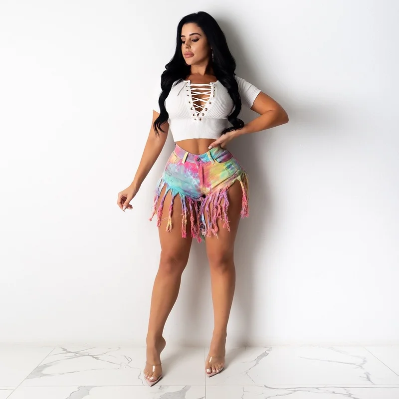 Hight Waist Skinny Slim Plus Size Jeans Women Tassel Tie Dye Denim Shorts Female Casual Shorts with Buttons Summer Streetwears
