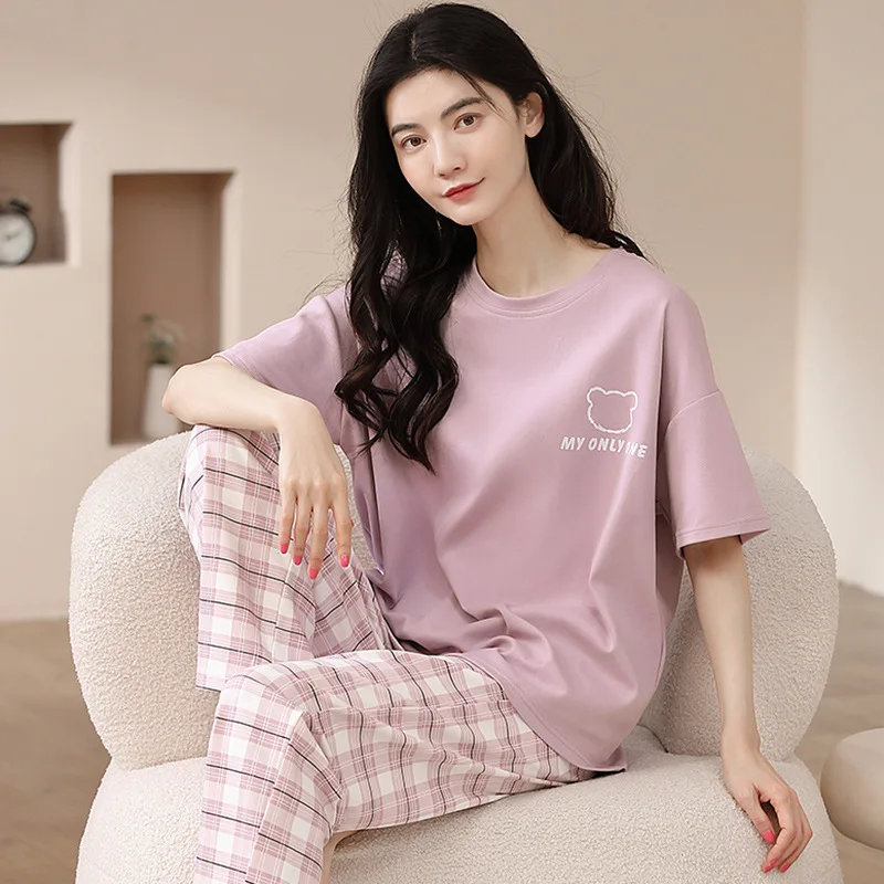 New 2023 Pajamas Women Summer Cotton Short-sleeved Cute and Sweet Casual Can Be Worn Outside Home Service Suit with Round Neck