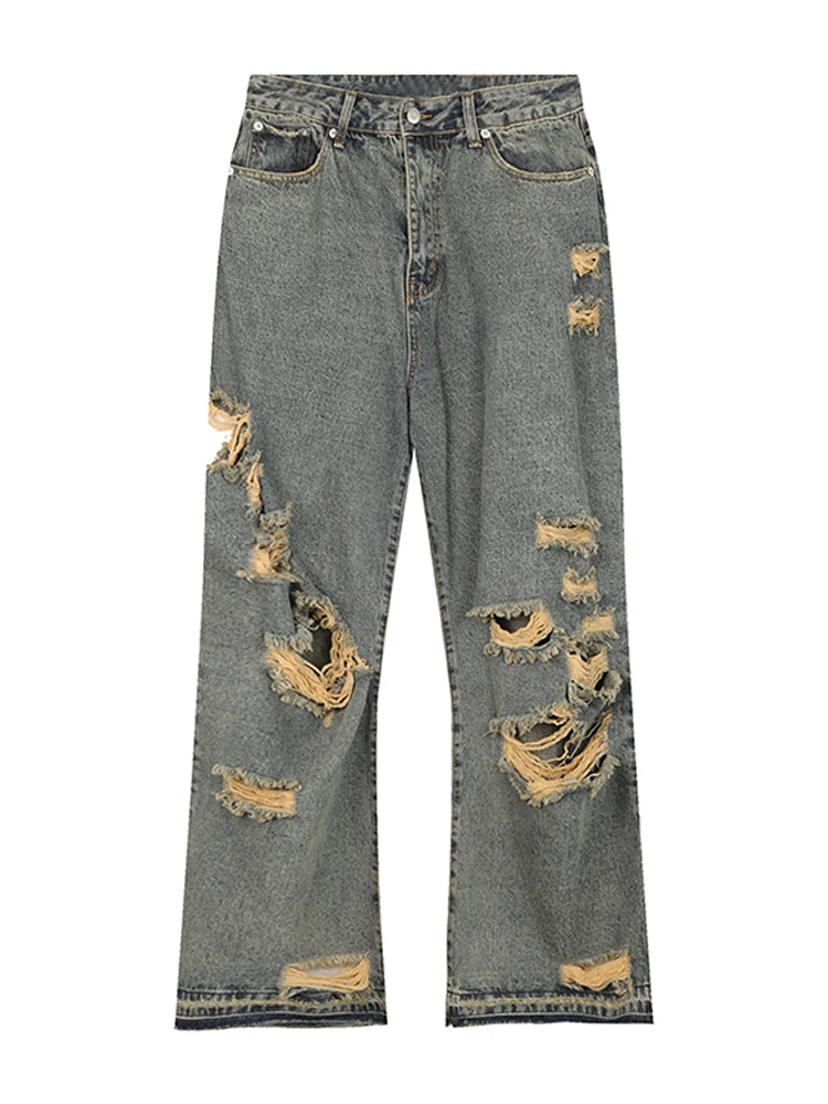 HOUZHOU Vintage Distressed Jeans Pants Men Ripped Jeans for Men Y2K Blue Denim Trousers Male Retro Japanese Streetwear Hip Hop