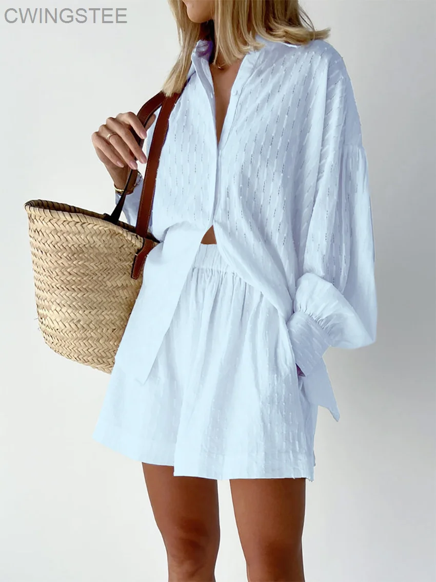 

Women White Shorts Sets 2023 Summer hollow Loose Shirt And Shorts Suit 2 Piece Sets Fabric Lantern Sleeve Female Outfits