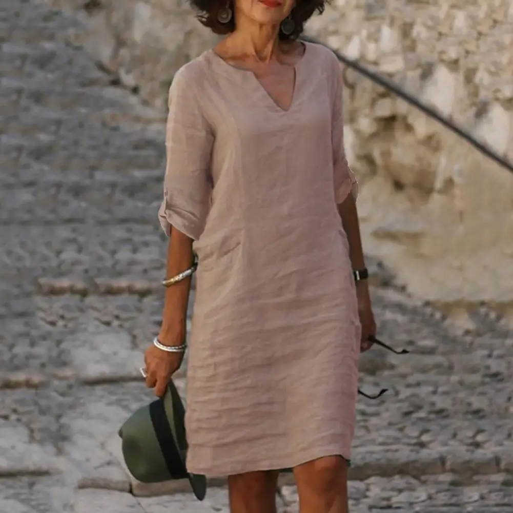 

Lady V-neck Dress Soft Breathable Women's Knee Length Midi Dress with Three Quarter Sleeves Elegant Comfortable Fall Fashion