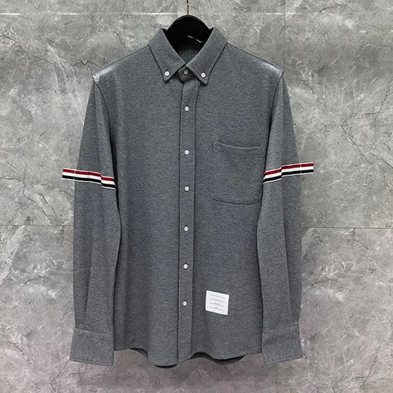 THOM Spring Autumn Fashion Brand Men's RWB Ribbon Armband Stripe Cotton PIQUE Formal Casual Wholesale TB Shirt