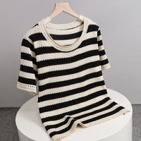 ennike korean style black and white striped womens top summer new temperament hollow thin section knitted t shirt short sleeves