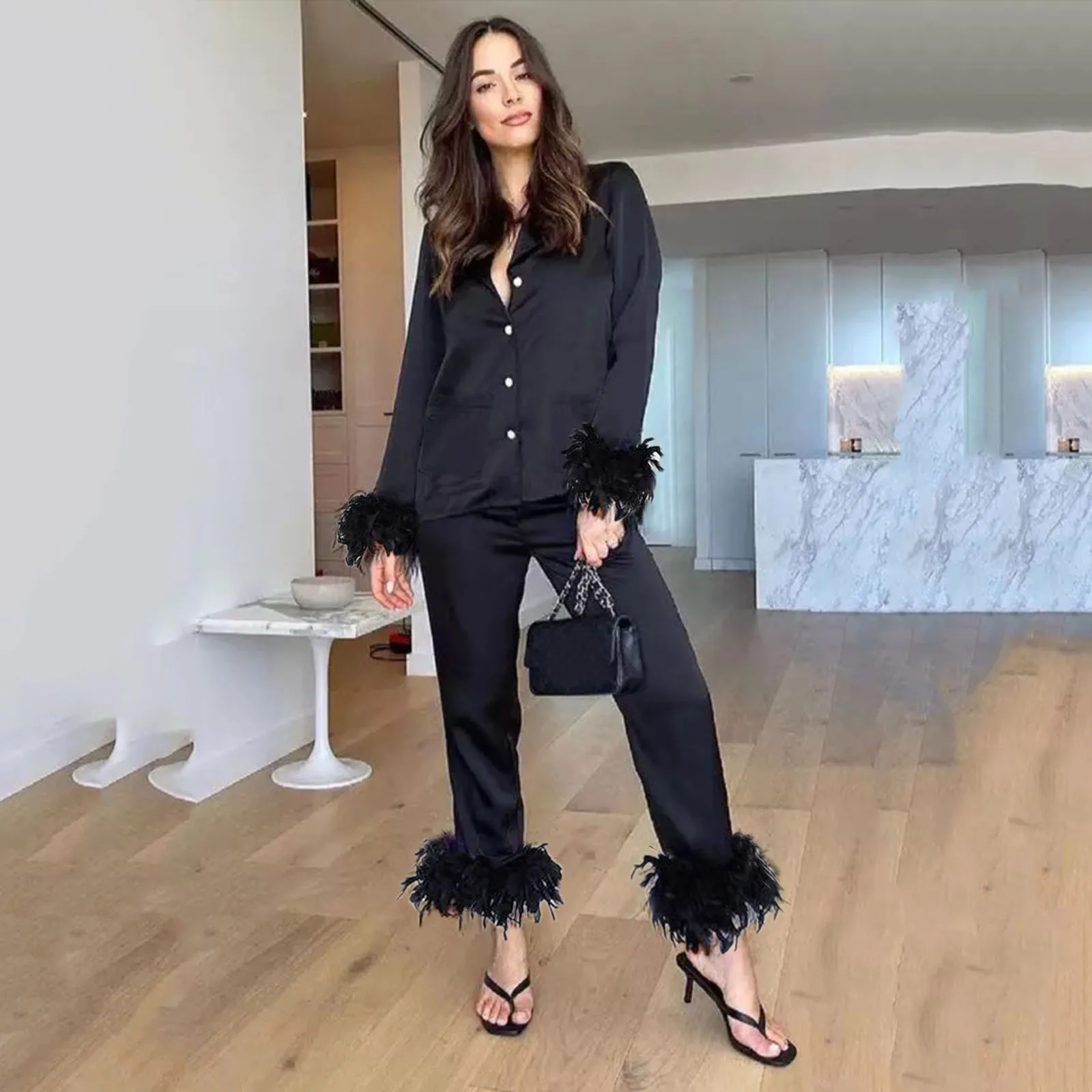 Шикарные костюмы для отдыха из двух предметов с перьями женская одежда сна