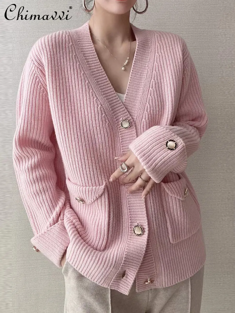 European Style 2022 Autumn New Fashion Pink Long Sleeve Cashmere Cardigan V-neck Single Breasted Loose Knitted Coat for Women