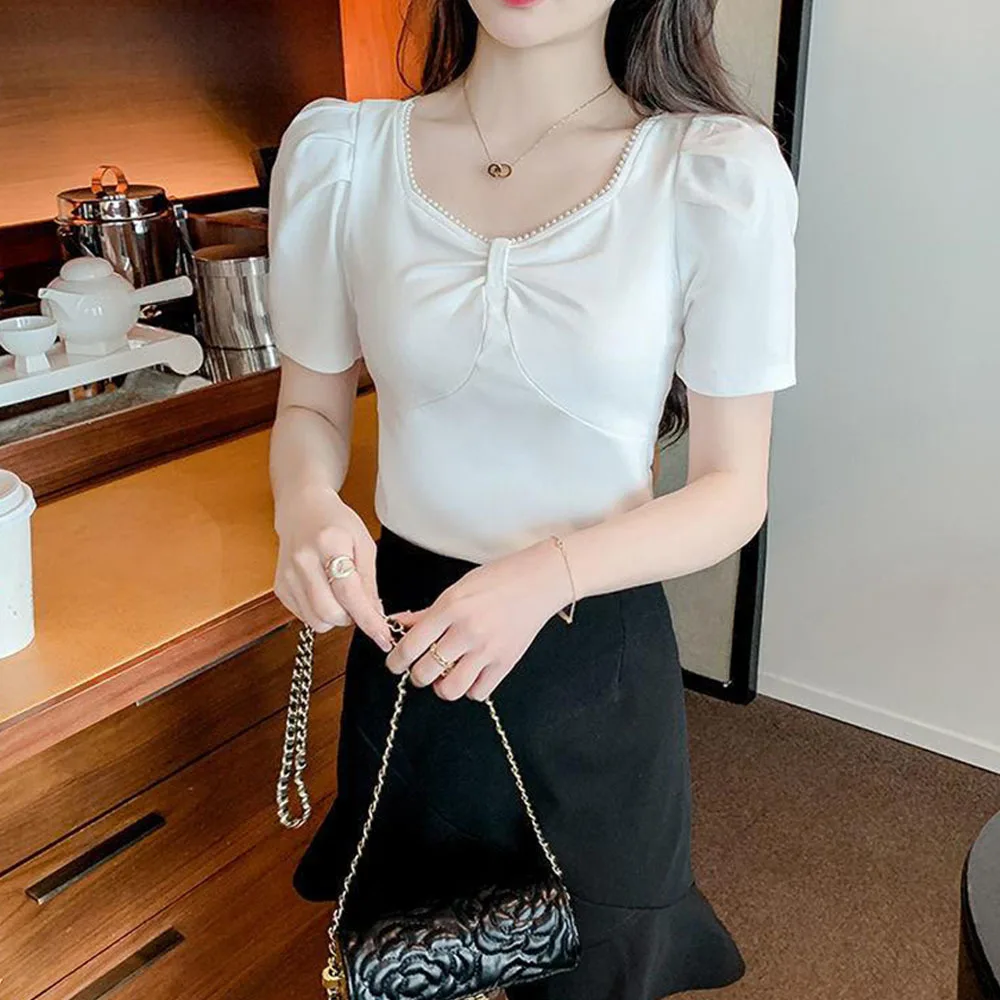 Женские футболки бусина с бантиком футболка квадратным вырезом женский топ