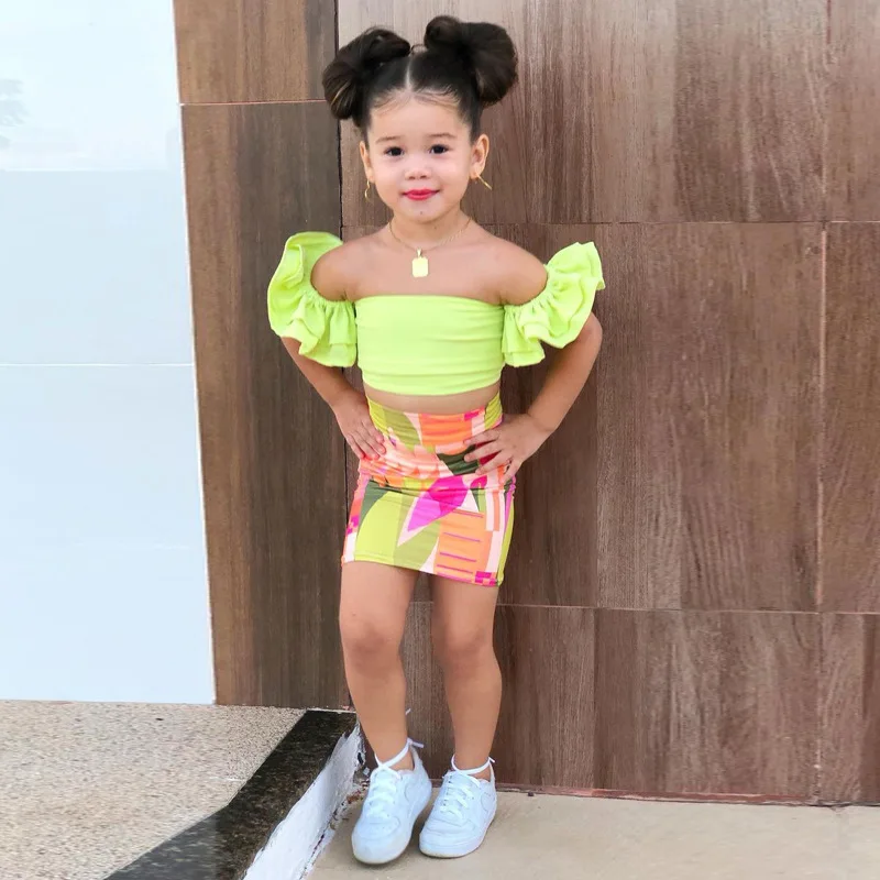 

Baby Girls' Clothes Two-Piece Set Fashionable Beach Children Clothing Off Shoulder Blouse+Tropical Printing Tight Mini Skirt