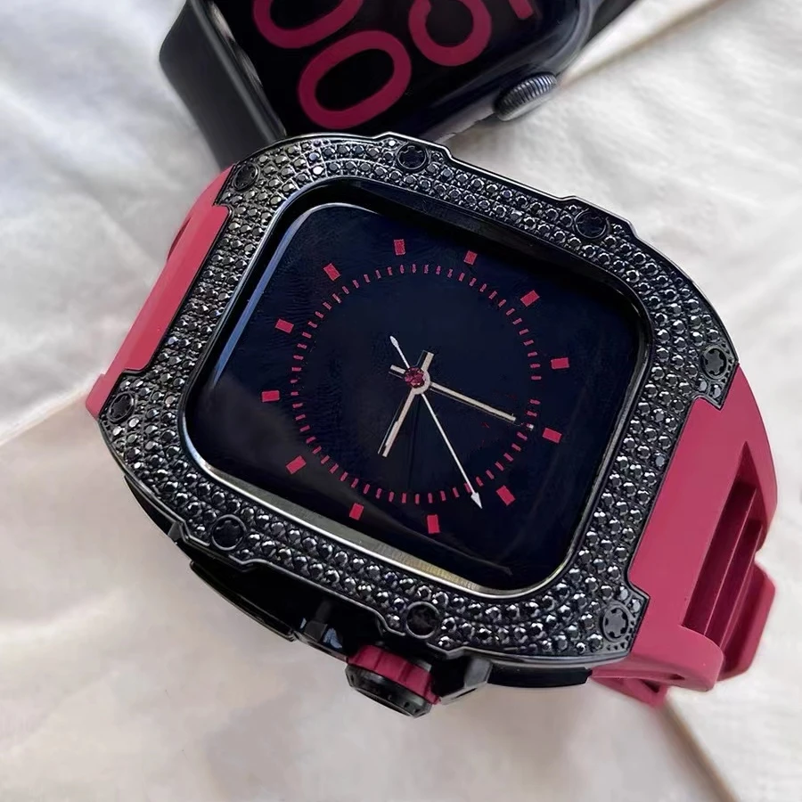 Stainless Steel Case for Apple Watch 7 45mm 44mm Fluororubber Strap Luxury Diamond Bezel Modification Kit for IWatch 6 5 4 SE