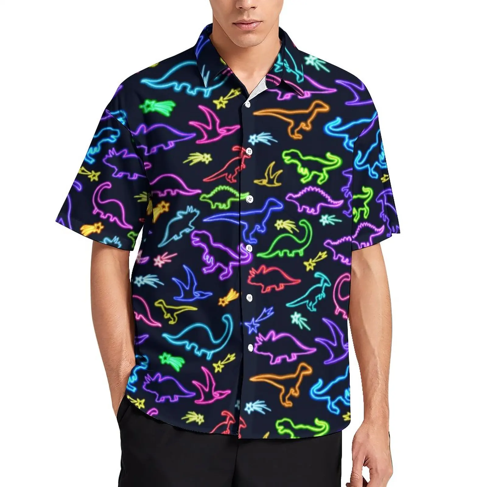 

Animal Silhouette Loose Shirt Man Vacation Neon Dinosaurs Casual Shirts Hawaiian Graphic Short-Sleeve Novelty Oversized Blouses