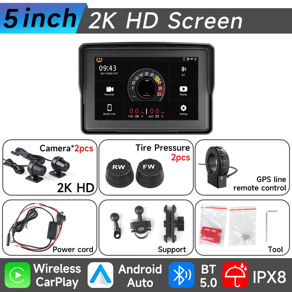 

2k HD видеорегистратор мотоцикл GPS-навигация IP67 водонепроницаемый экран Bluetooth беспроводной Carplay Android автомобильный плеер