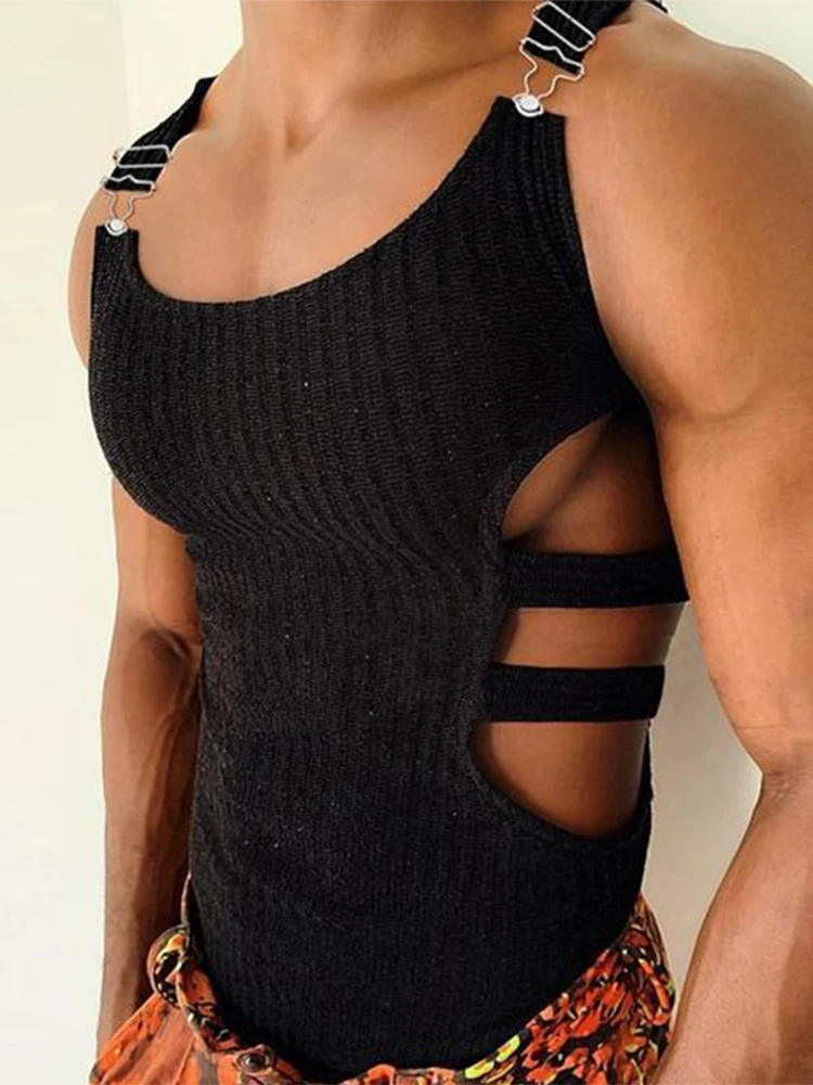 

Streetwear Men Fashion Hollow Out Slim Fit Tank Tops Knitting Solid Sleeveless Top Clothes Mens Summer Casual O Neck Vest 2022