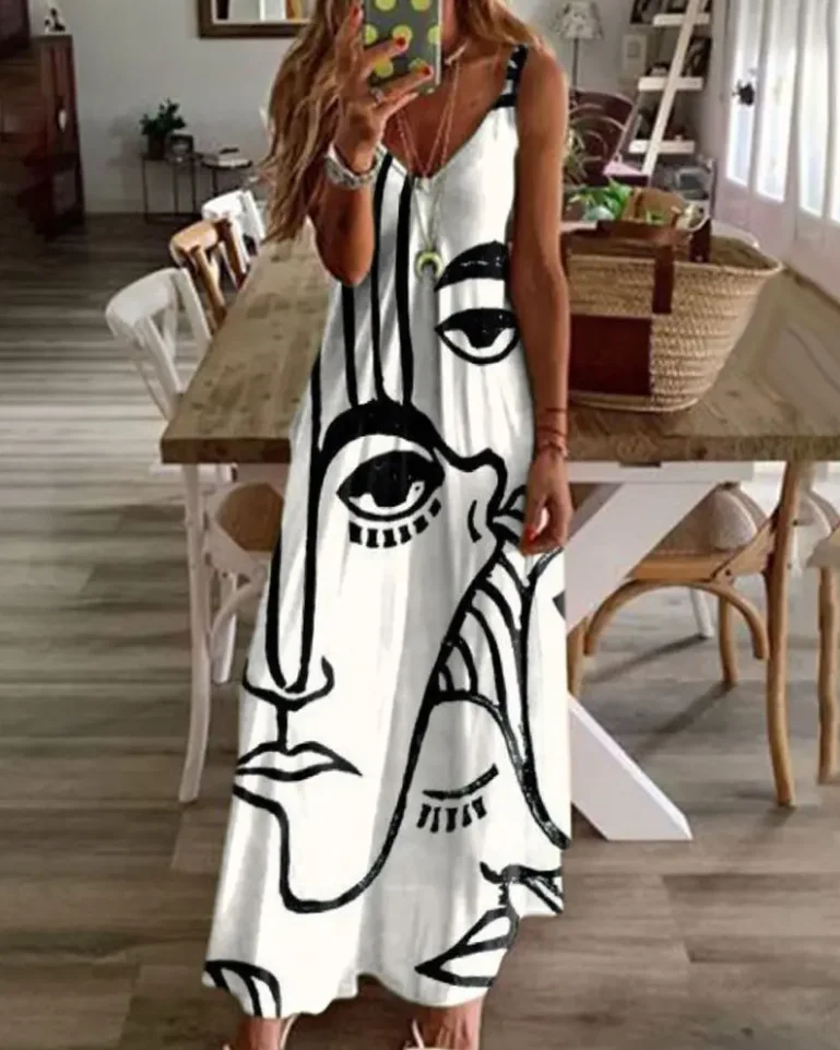 

Women's Dresses Summer 2022 Sexy Abstract Figure Print V-Neck Maxi Dress Wrap Sundress Robe Cami Flared Casual Spaghetti Strap