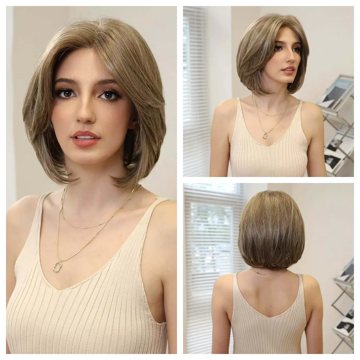 Фото Короткий боб Wear and Go Бесклеевой парик Мягкий волнистый коричневый парик с эффектом омбре Синтетический парик фронта шнурка для женщин для ежедневного использования №1