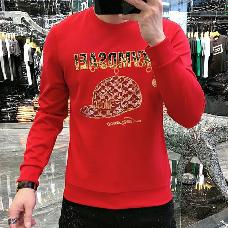 

Alphabet Print Rhinestones Fashion Print Sweatshirt Men 2023 Spring Streetwear Sweatshirt Poleron Hombre Hot Drill Men Clothing