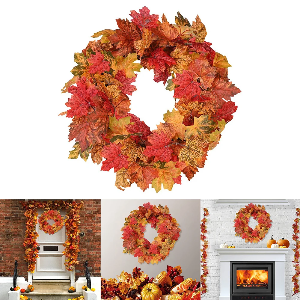 

1*Maple Wreath Autumn Wreath Door Hanging Christmas Thanksgiving Decoration 48cm Garland Cloth Rattan Material Home Decoration