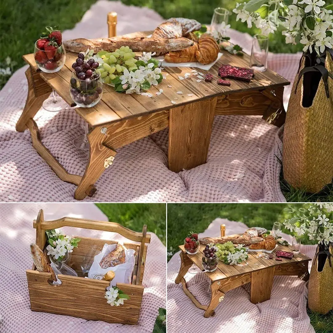 Outdoor Portable Tables Wooden Folding Picnic Basket Table Rectangle Foldable Desk Wine Glass Rack Collapsible Table Snack Tray
