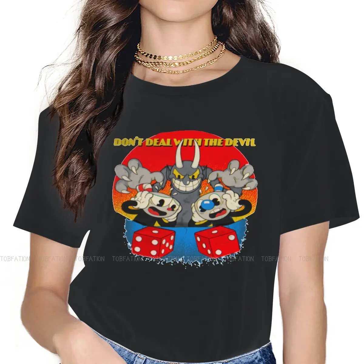 

Mugman Don't Deal With The Devil Essential Women TShirt Cuphead Ms Chalice Game Girls Graphic TopsO-neck Female T Shirt