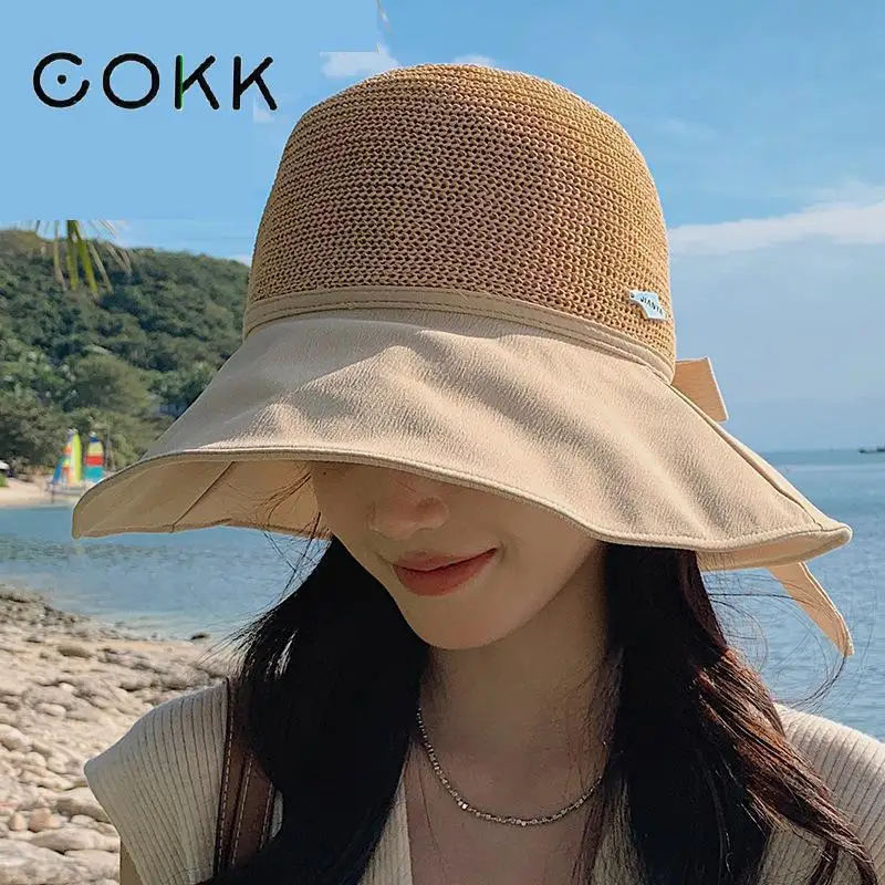 

COKK Sun Hats For Women Summer Big Wide Brimmed Straw Hat With Bow Fisherman Cap Beach Hat Chapeu Gorra Sunscreen Sunshade New