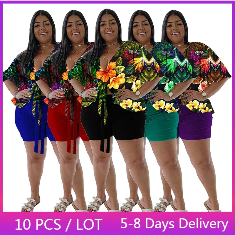 

Комплект из двух предметов Женский, повседневный укороченный топ с коротким рукавом и шорты в стиле бохо, летняя одежда, 4XL