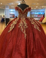 luxury wine red ruffles off the shoulder quinceanera dresses gold appliques lace pearls ball gown corset vestido de 15 anos