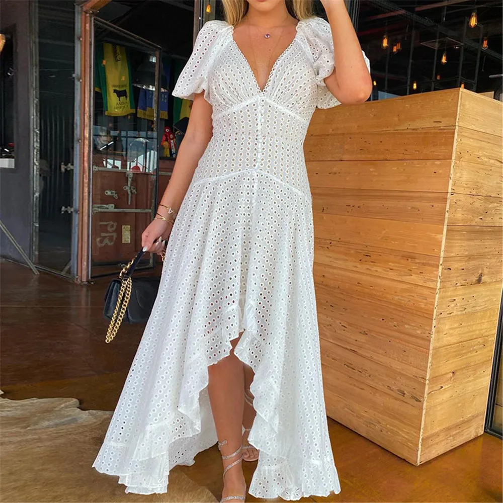 

Bohemian Dress White Niche Design Polka Dot Crochet Hollow A Swing Dress Spring Summer New Fashion 2022 Party Dresses Female