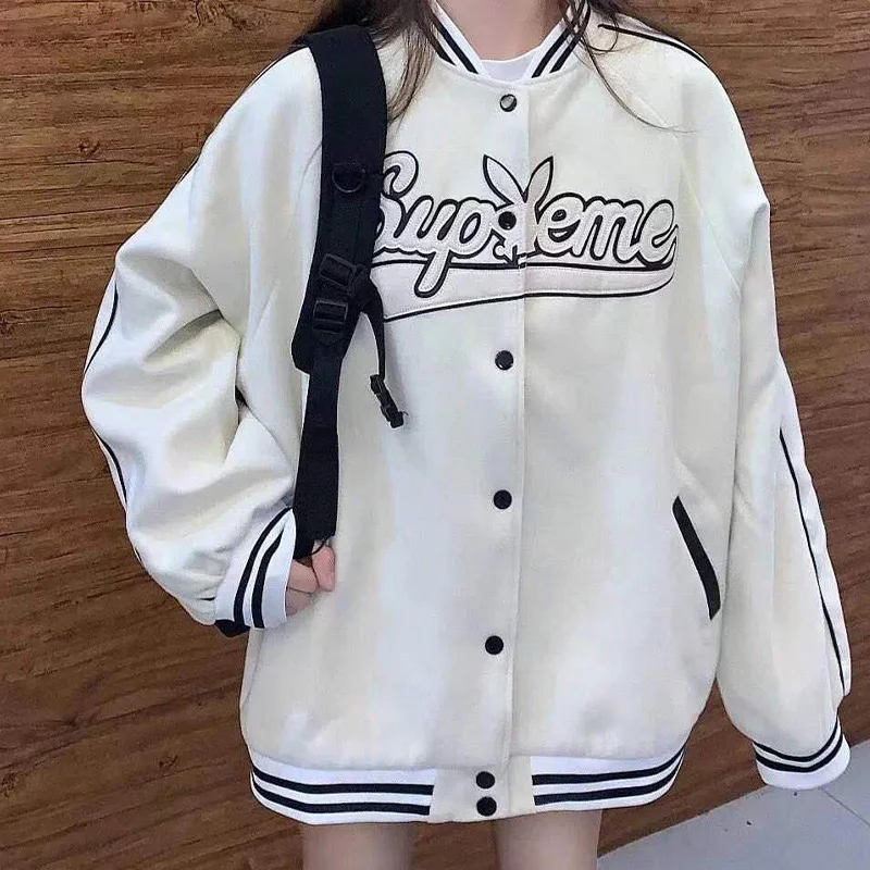 

Куртка женская оверсайз в Корейском стиле, уличная одежда в стиле Харадзюку, свободная повседневная бейсбольная одежда с круглым вырезом и ...