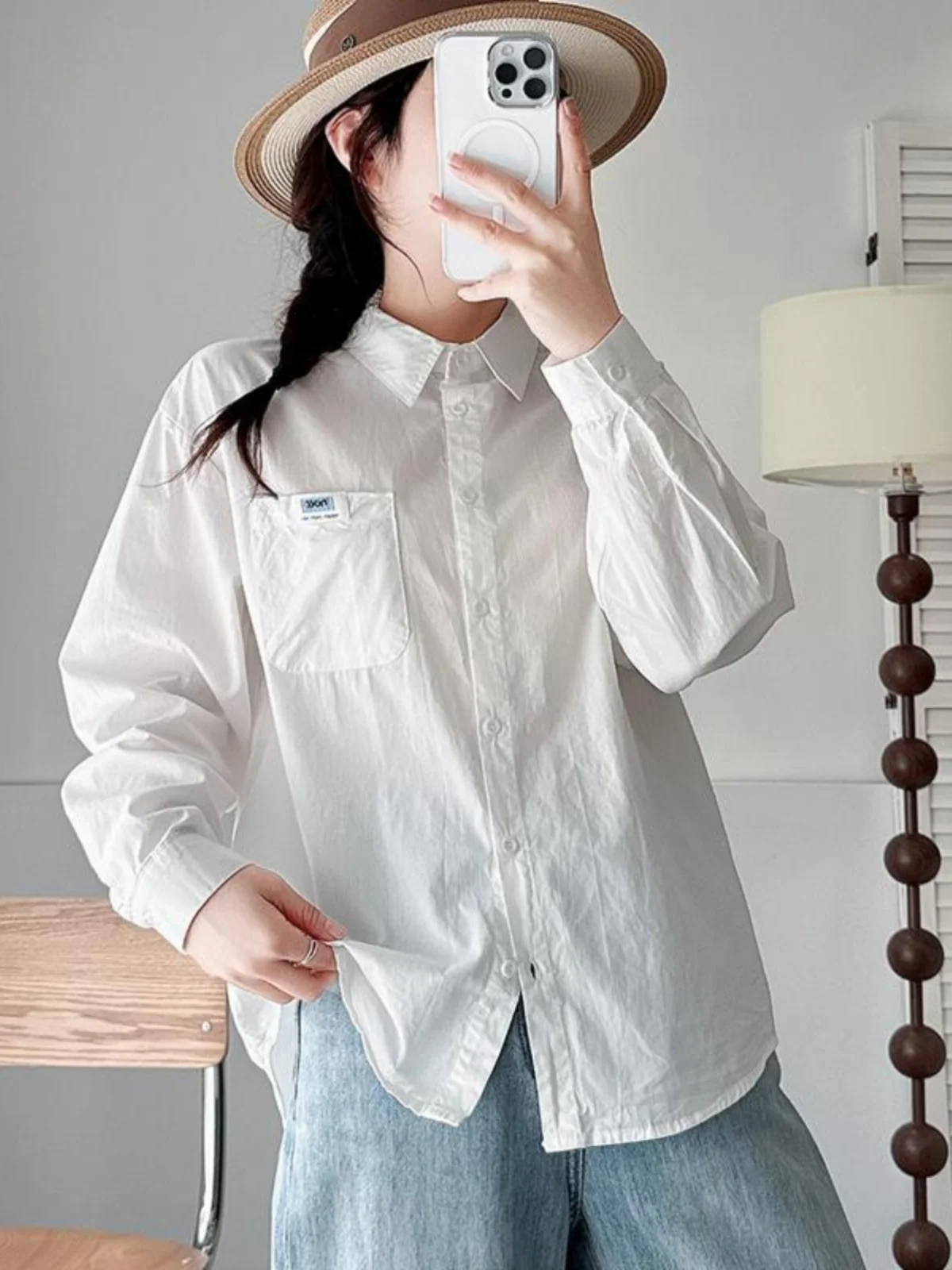 White Pure Cotton Minimalist Sle European Goods Shirts Top Women Loose Korean Design Adjustable Small Blue Labe...