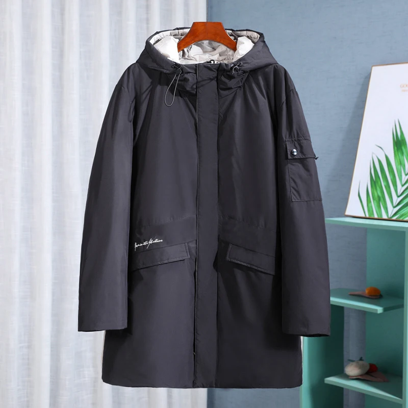 Men's Warm Down Jacket Mid-Length Hooded White Duck Down Coat 2022 Winter New