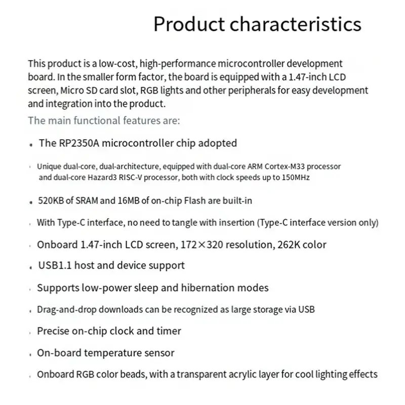 DT21 RP2350 1.47-дюймовая плата разработки с ЖК-дисплеем Cortex-M33, RGB-светодиоды, 172x320, 16 МБ флеш-памяти, Type-C (art.: 3920dceddef44) - 3920dceddef44