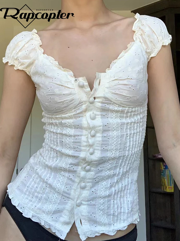 

Rapcopter y2k Hook Ruffles Crop Top Button V Neck Trim Short Sleeve T Shirt Cute Retro Chic French Tee Women Korean Cute Outfits