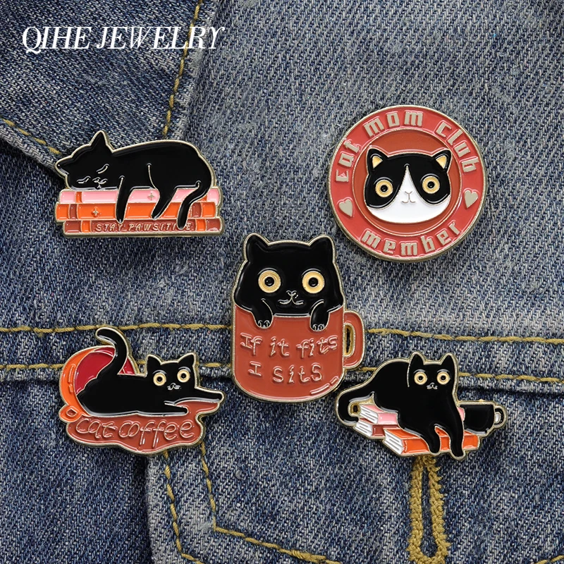 

Animals Coffee Enamel Pin Black Cat Club Custom Backpack Hat Friends Accessories Kitten Brooch Badge Lapel Clothes Jewelry