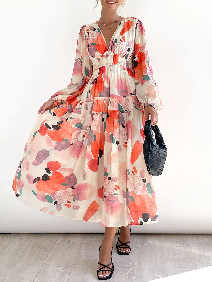 

Женское платье-макси с длинным рукавом и V-образным вырезом