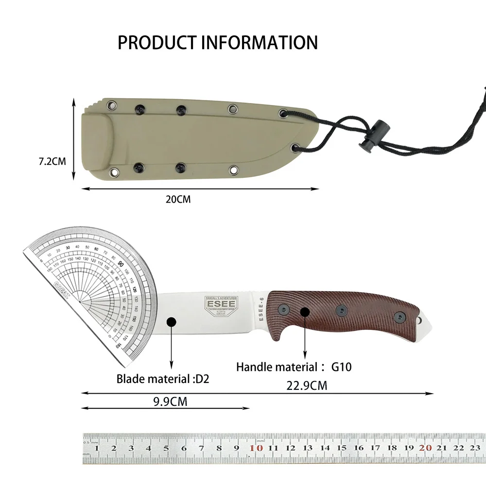 Новый специализированный нож ESEE-6 с фиксированным клинком из стали D2, рукоять G10, для охоты, резки, повседневного ношения, активного отдыха, кемпинга, рыбалки, подарки для мужчин (art.: 3920da0051843) - 3920da0051843