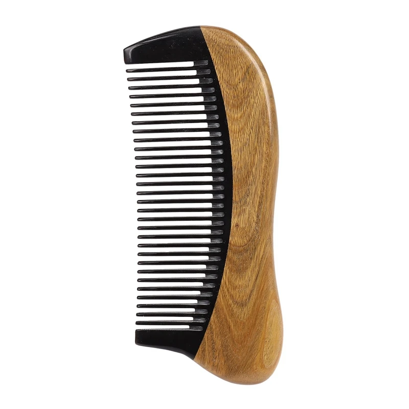 

5X Natural Green Sandalwood Hair Comb - No Static Wooden Fine Tooth Black Buffalo Horn Comb (Green Sandalwood)