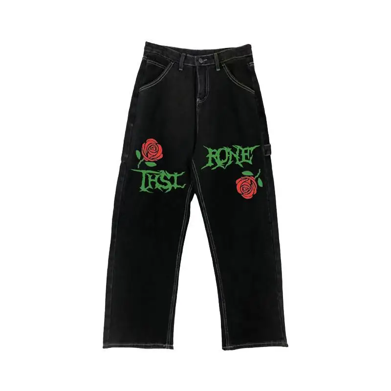 womens tide brand ins rose letter jeans american y2k retro street washed straight pants men and women hot selling new free global shipping
