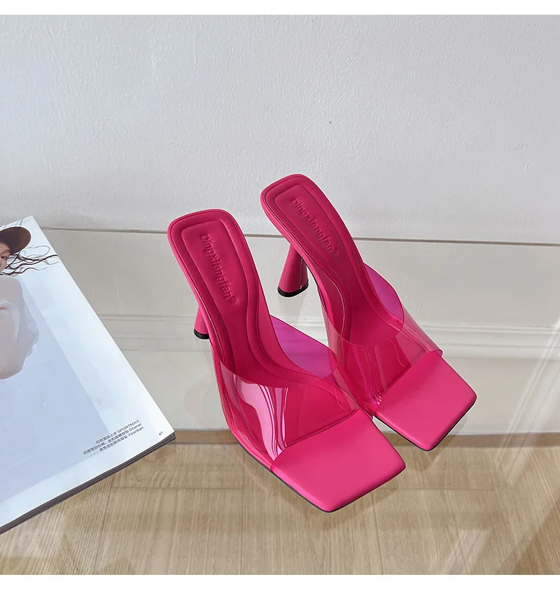

Summer New Fashion Design PVC Transparent Women Slipper Fashion Square Toe High Heel Ladies Dress Party Mules Slides