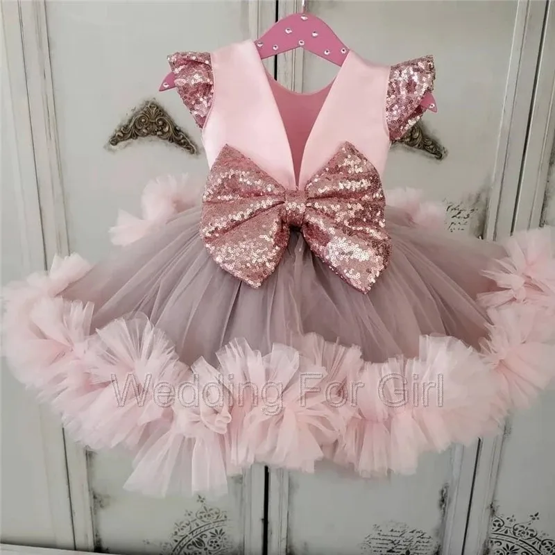 

Pink Ruched Baby Girls Dresses Knee Length Puffy Toddler Infant Birthday Gowns Tutu Flower Girl Dresses With Sequin Bows