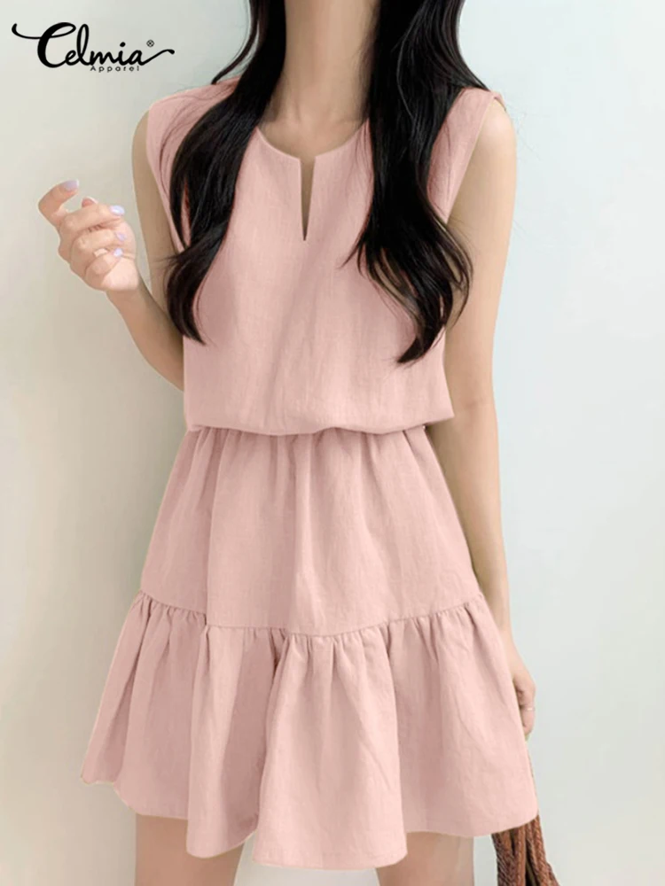 

Женский свободный мини-сарафан-трапеция Celmia без рукавов, Повседневное платье на бретелях с круглым вырезом, милые летние милые короткие хал...