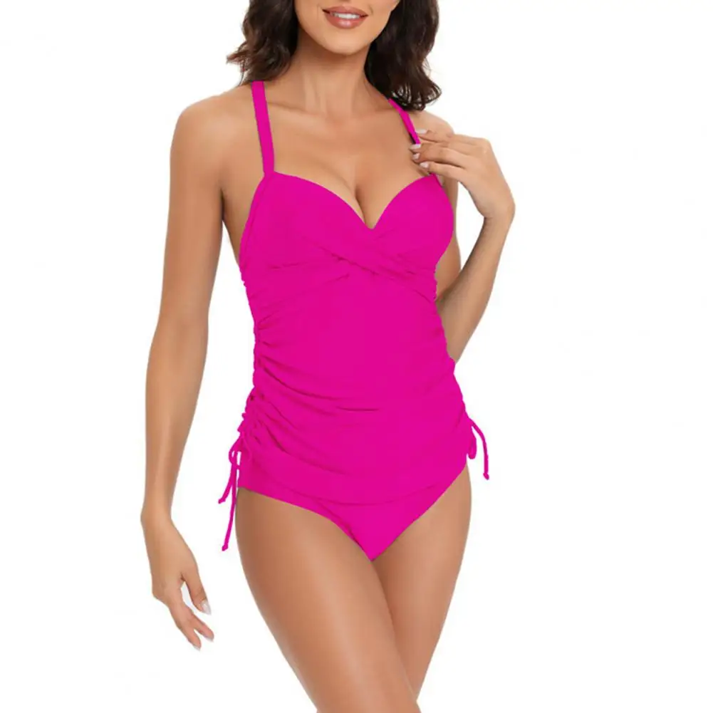 

Attractive Women Swimsuit Trendy High Elastic Side Pleats Split Bikini Polyester Split Swimsuit Beach Accessories