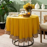 ruffle patchwork tablecloth yellow solid color cotton dustproof table cover for home hotel wedding round dining table decoration