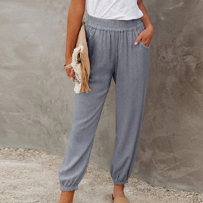 

Women's New Style European And American Solid Color Loose Pocket High Waist Nine-Point Drawstring Pants