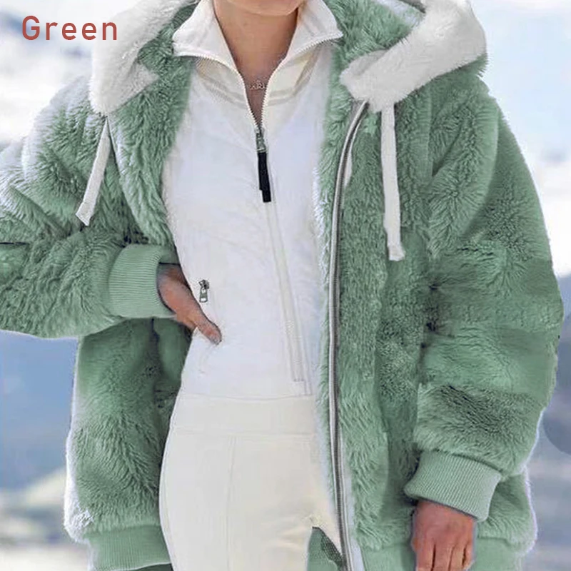 

2022 Women Autumn Winter Jacket Female Coat Faux Fur Fluffy Warm Plush and Zipper Pocket Hooded Loose Women Solid Color Top