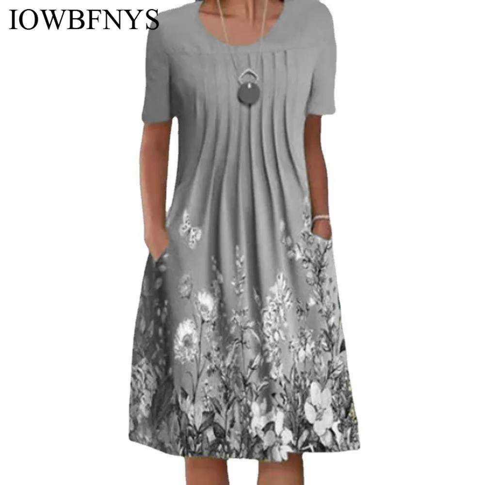 

2022 Midi Dress Women's Floral Print Crew Neck Pullover Pocket Knee-length Short Sleeve Dress Casual Loose Summer Dress Women