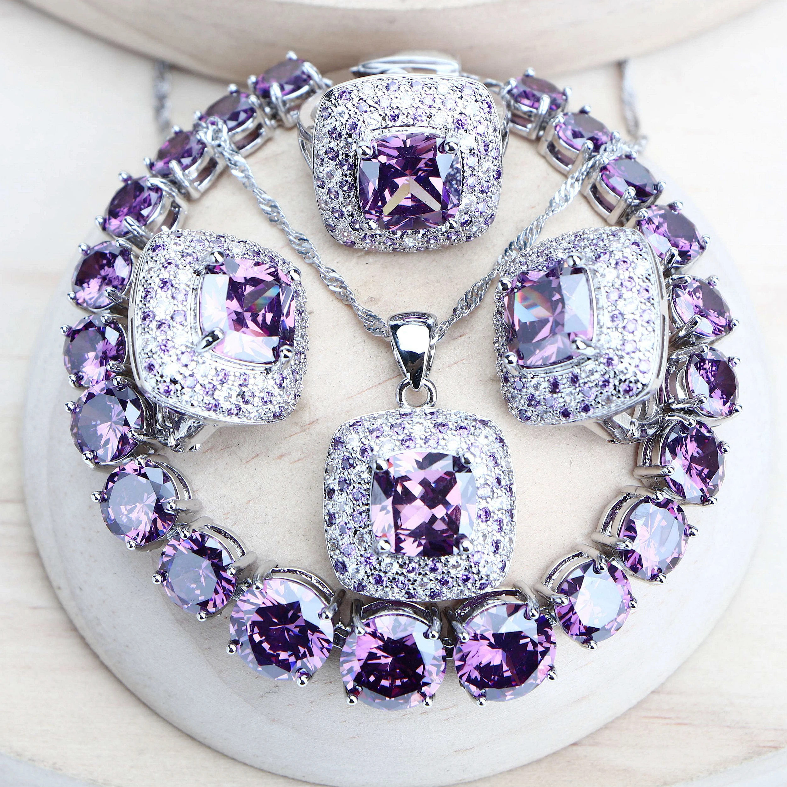 

Purple Zirconia Women Bridal Jewelry Sets Silver 925 Fine Costume Jewellery Wedding Earrings Rings Bracelets Pendant Necklace