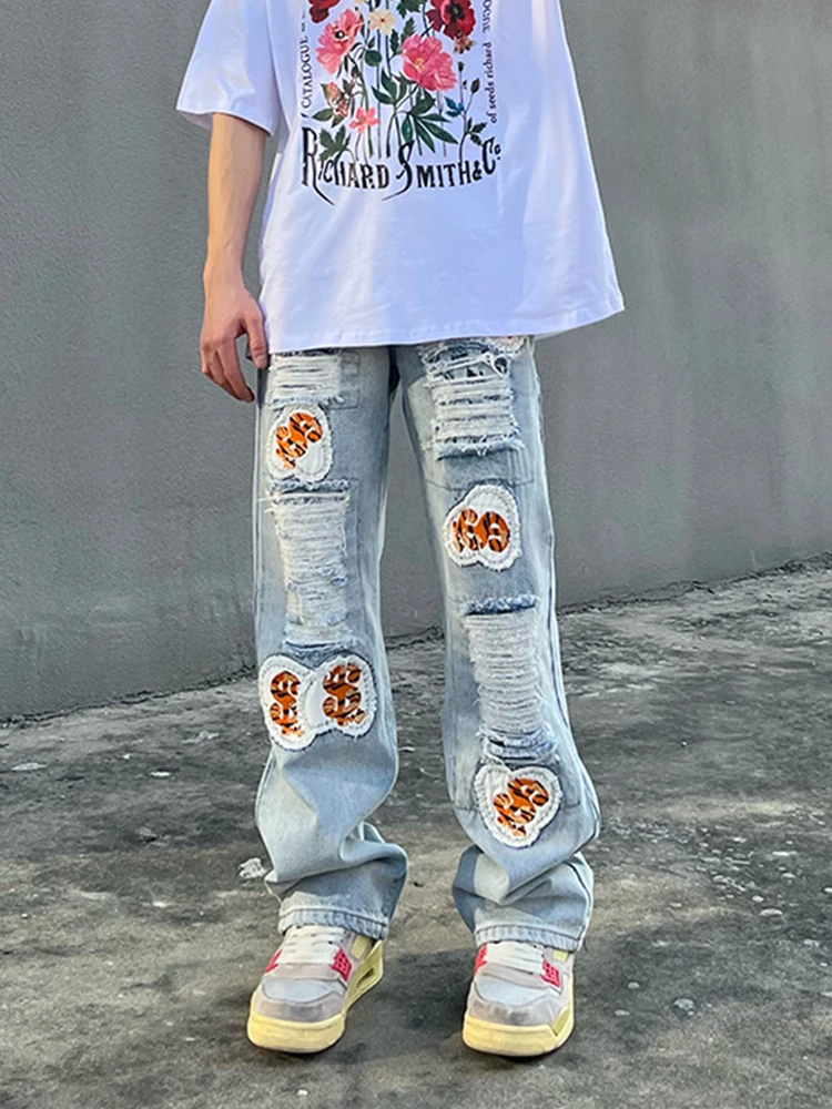 Men's Jeans Y2K Fashion Distressed Holes Patched  Loose Denim Casual Pants Streetwear Hombre Ripped Straight Baggy Jeans For Men