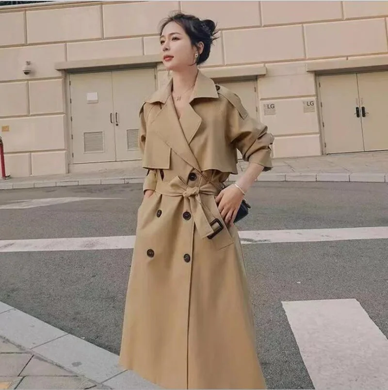 

Brand New Spring Autumn Long Women Trench Coat Double Breasted Belted Storm Flaps Khaki Dress Loose Coat Lady Outerwear Fashion